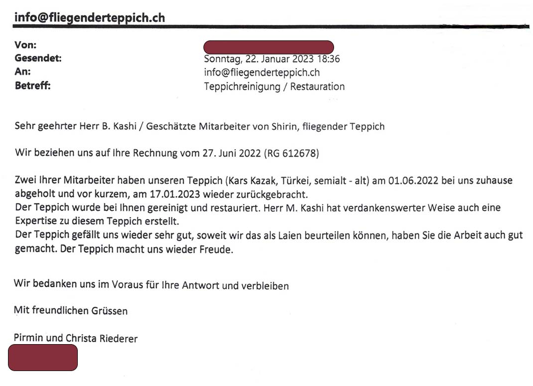 Rezension via Mail vom 22.1.2023 Bezüglich Reinigung und Restauration von Orientteppichen